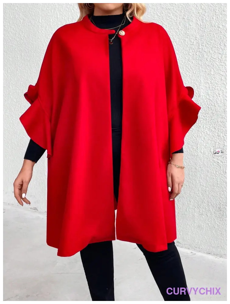 Plus Size Plain Button Front Ruffle Trim Mid Long Sleeve Casual Jacket Overcoats