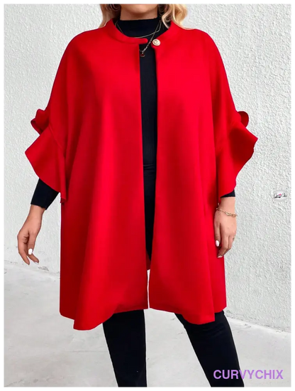 Plus Size Plain Button Front Ruffle Trim Mid Long Sleeve Casual Jacket Overcoats