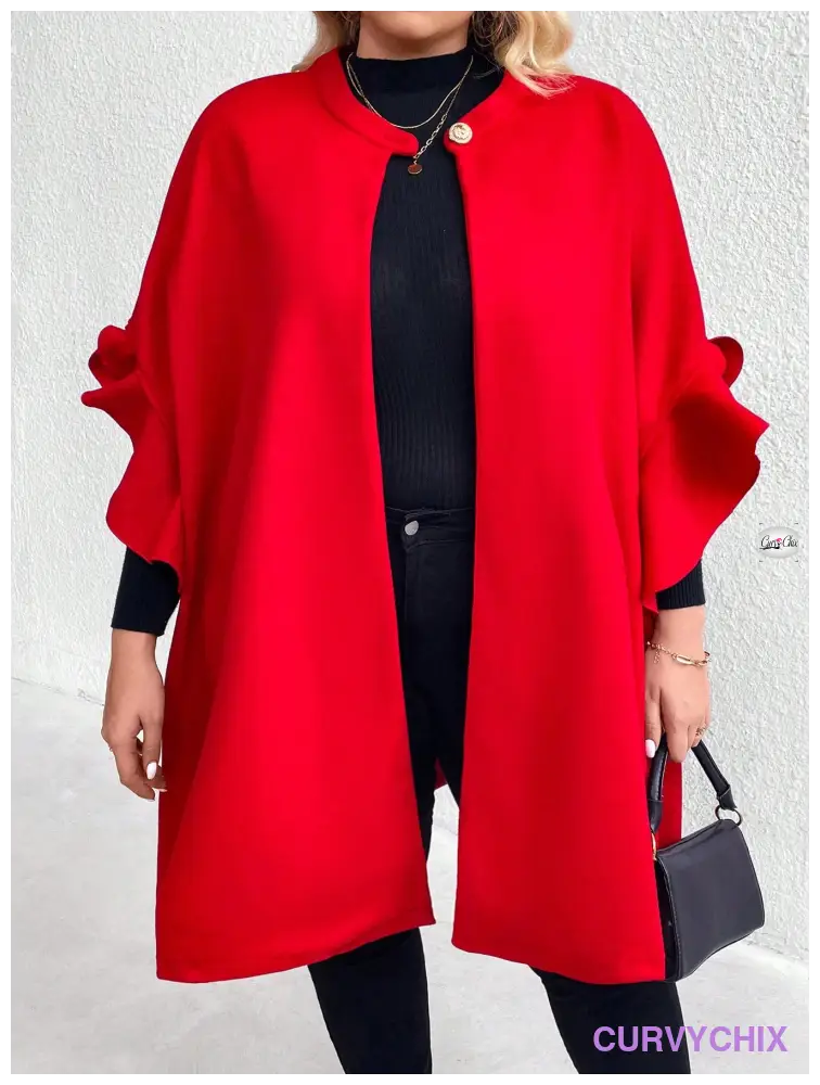 Plus Size Plain Button Front Ruffle Trim Mid Long Sleeve Casual Jacket Overcoats