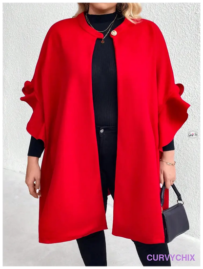 Plus Size Plain Button Front Ruffle Trim Mid Long Sleeve Casual Jacket Overcoats