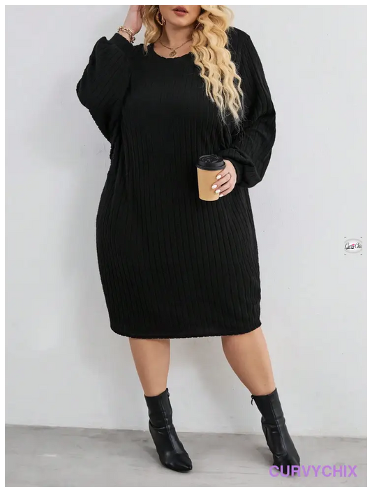 Plus Size Batwing Sleeve Ribbed Knit Dress UK SIZES 26-38