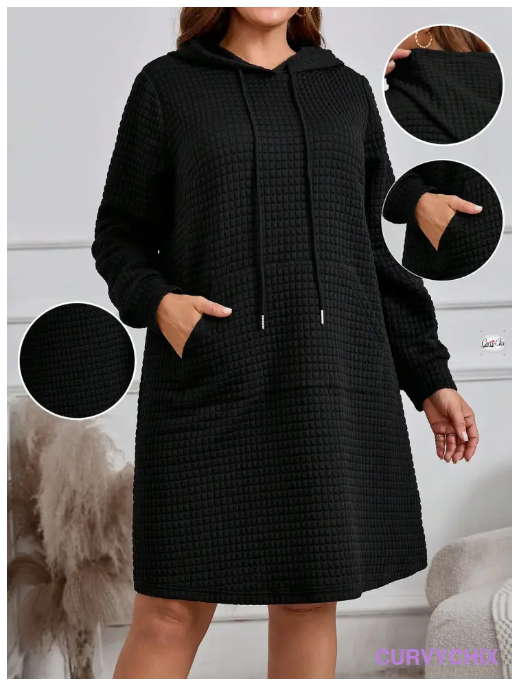 Plus Size Hooded Neck Tie Pocket Long Sleeve Dress Dresses