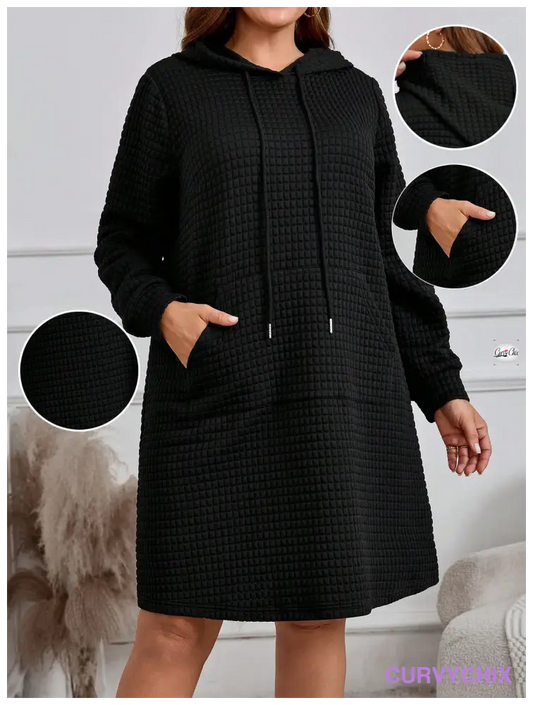 Plus Size Hooded Neck Tie Pocket Long Sleeve Dress Dresses