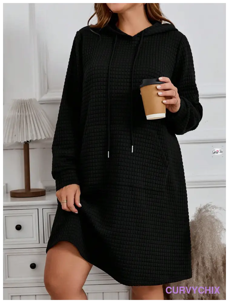 Plus Size Hooded Neck Tie Pocket Long Sleeve Dress Dresses