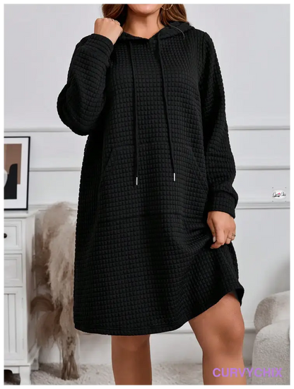 Plus Size Hooded Neck Tie Pocket Long Sleeve Dress Dresses