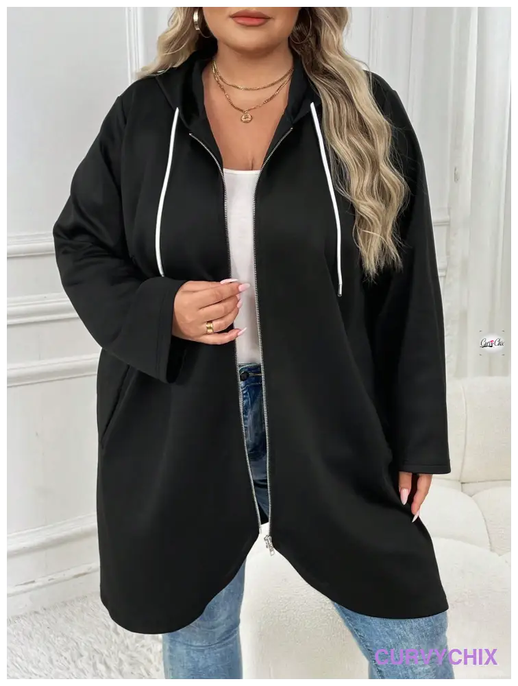 Plus Size Zip Up Drawstring Hooded Slant Pocket Coat Coats