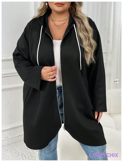 Plus Size Zip Up Drawstring Hooded Slant Pocket Coat Coats