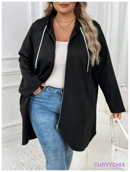 Plus Size Zip Up Drawstring Hooded Slant Pocket Coat Coats