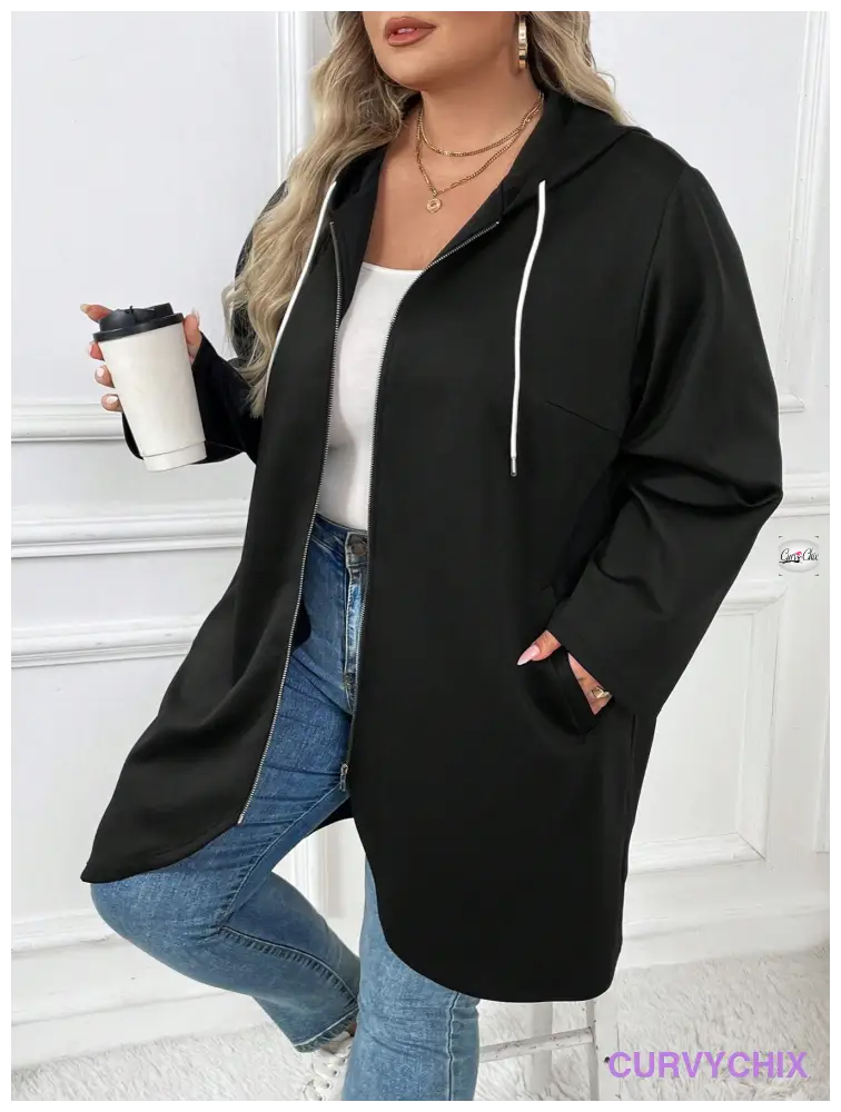 Plus Size Zip Up Drawstring Hooded Slant Pocket Coat Coats