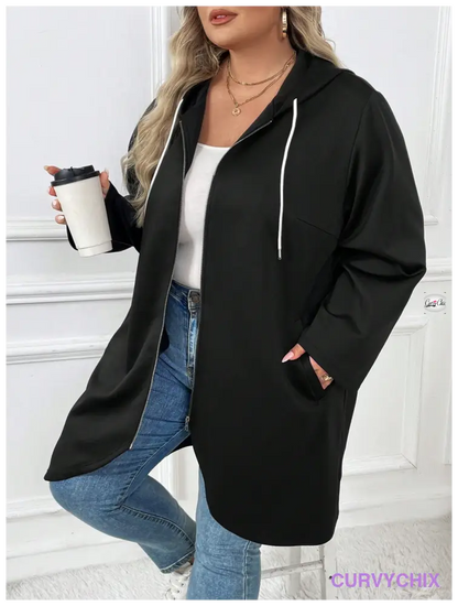 Plus Size Zip Up Drawstring Hooded Slant Pocket Coat Coats