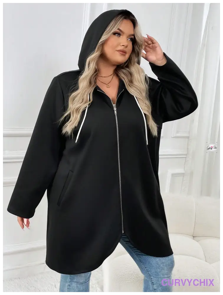 Plus Size Zip Up Drawstring Hooded Slant Pocket Coat Coats