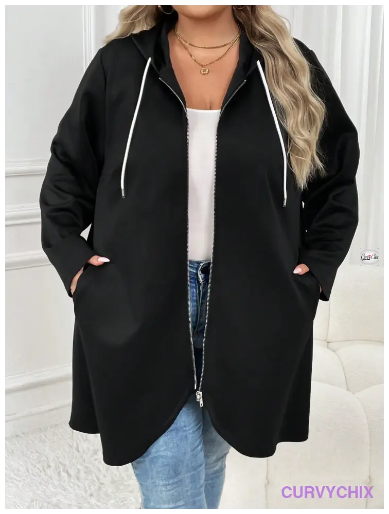 Plus Size Zip Up Drawstring Hooded Slant Pocket Coat Coats