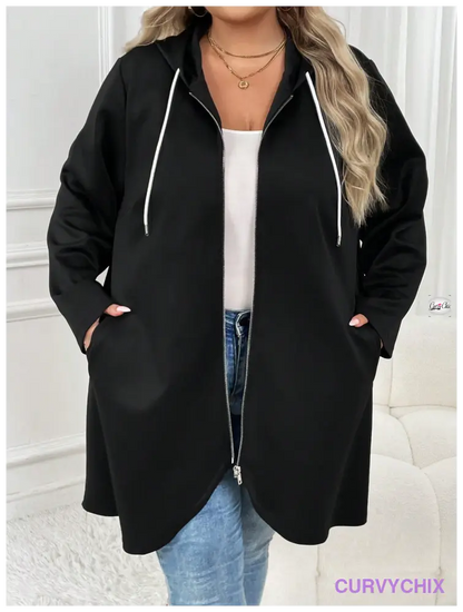 Plus Size Zip Up Drawstring Hooded Slant Pocket Coat Coats