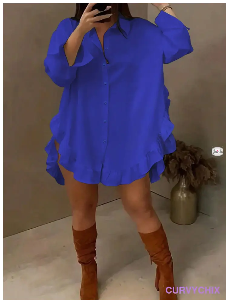 Curve Plus Size Ruffle Hem Long Sleeve Collar Shirt Blouses