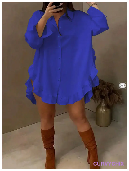 Curve Plus Size Ruffle Hem Long Sleeve Collar Shirt Blouses