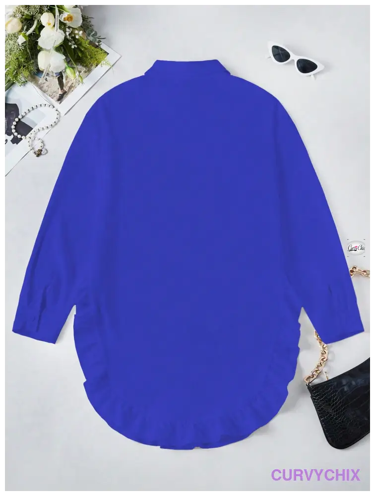 Curve Plus Size Ruffle Hem Long Sleeve Collar Shirt Blouses