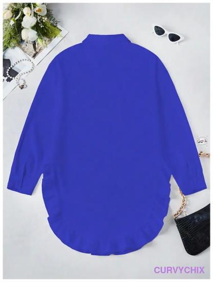 Curve Plus Size Ruffle Hem Long Sleeve Collar Shirt Blouses