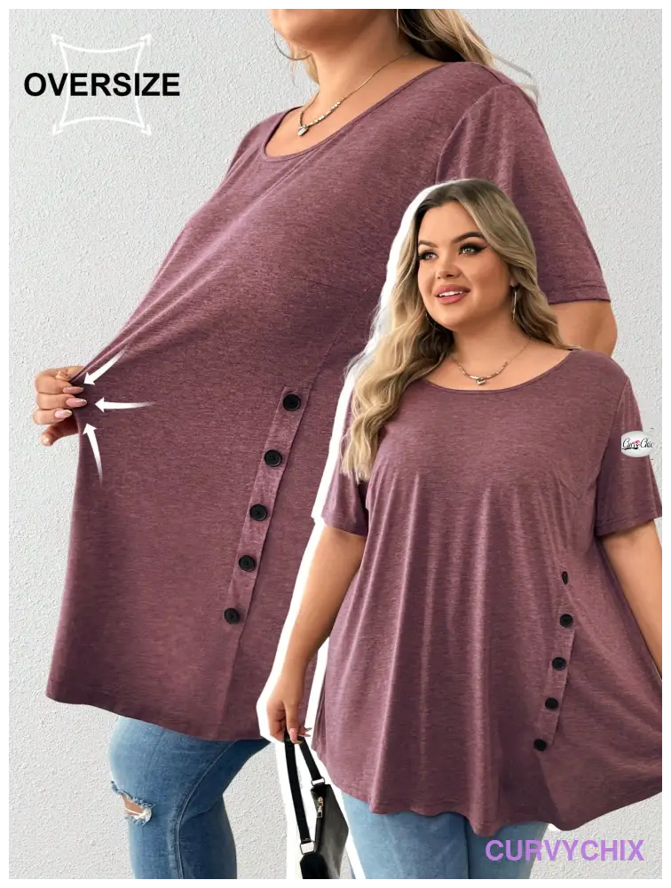 Plus Size Button Detail Asymmetrical Hem Top UK SIZES 26-38