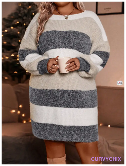 Curve Plus Size Round Neck Long Sleeve Striped Hem Casual Sweater Dress For Winter Dresses