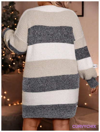 Curve Plus Size Round Neck Long Sleeve Striped Hem Casual Sweater Dress For Winter Dresses