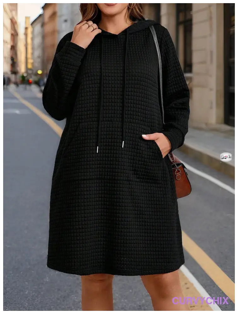 Plus Size Hooded Neck Tie Pocket Long Sleeve Dress Dresses