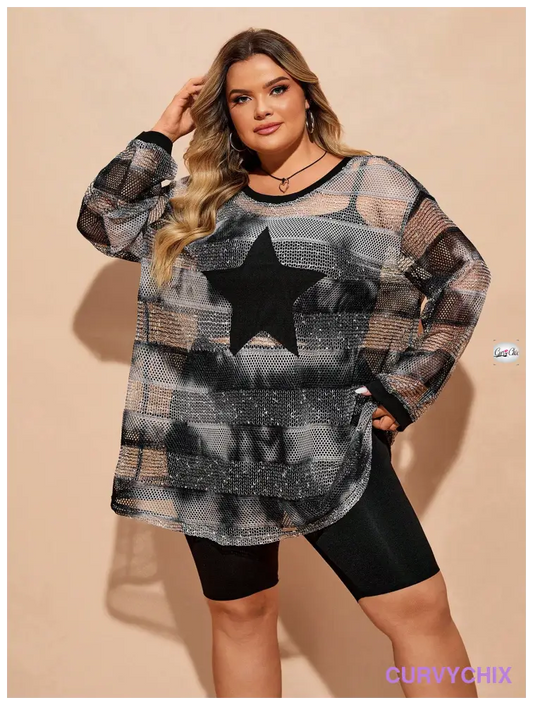 Plus size See-Through Star Patterned Round Neck Drop