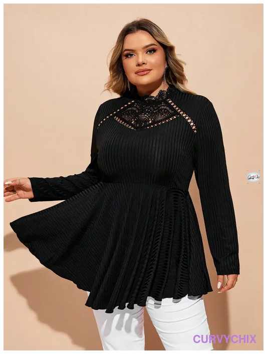 Plus Size Contrast Lace Mock Neck Peplum Top Size T-Shirts