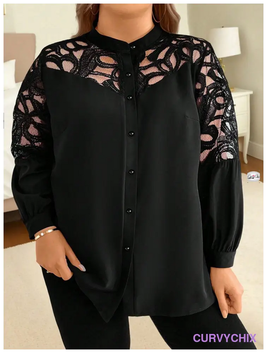 Plus Size Splice Mesh Long Sleeve Elegant Office Shirt Blouses