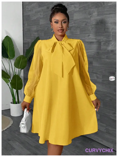 Plus Size Elegant Solid Colour Puff Sleeve Tie Collar Dress Dresses