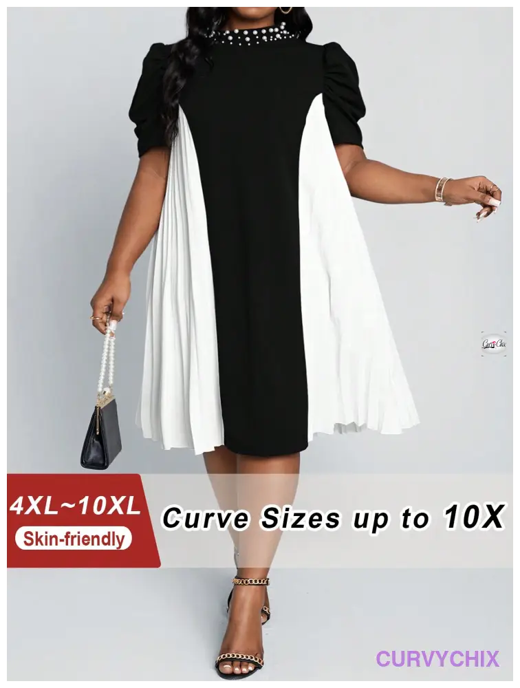 Curve Plus Size Work Women Dresses Black & White Spliced Pleated Neck Beaded Puff Sleeve Formal