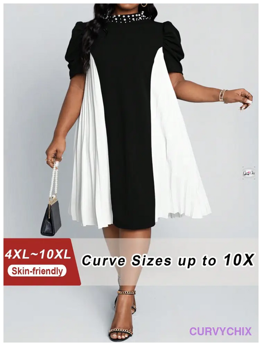 Curve Plus Size Work Women Dresses Black & White Spliced Pleated Neck Beaded Puff Sleeve Formal