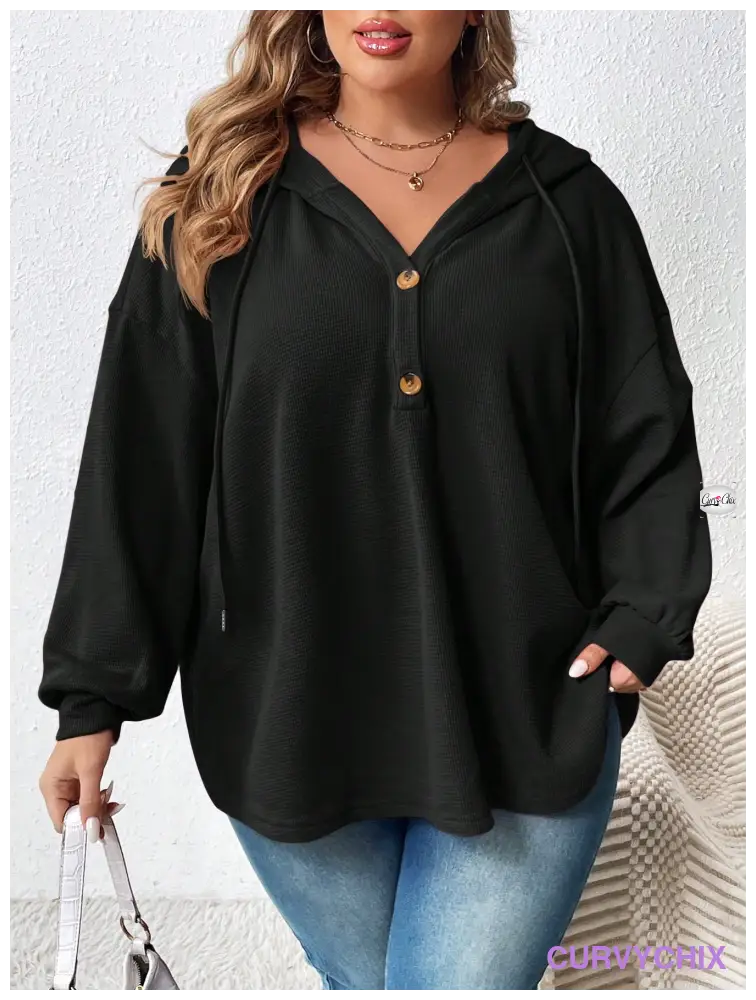 Plus Size Half Button Drop Shoulder Drawstring Hoodie UK