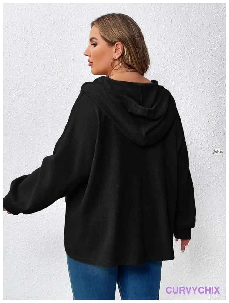 Plus Size Half Button Drop Shoulder Drawstring Hoodie UK