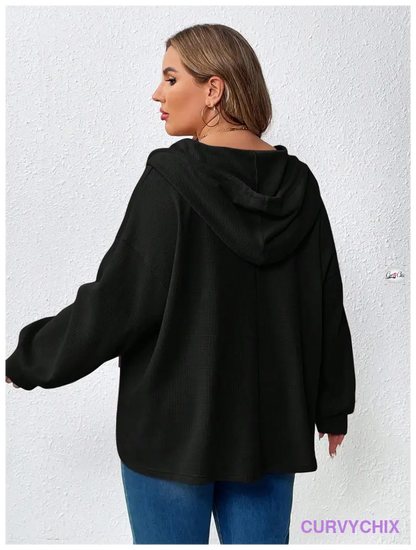 Plus Size Half Button Drop Shoulder Drawstring Hoodie UK