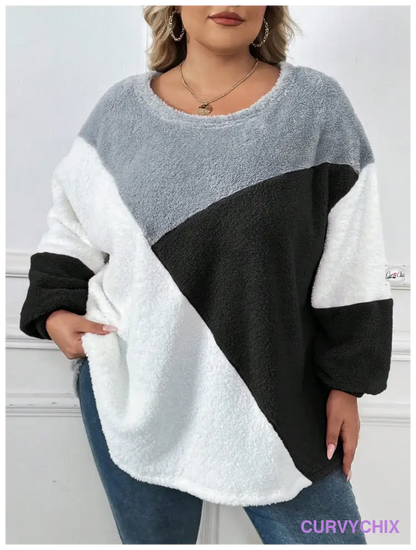 Plus Size Drop Shoulder Fuzzy Sweatshirt Asymmetrical Top