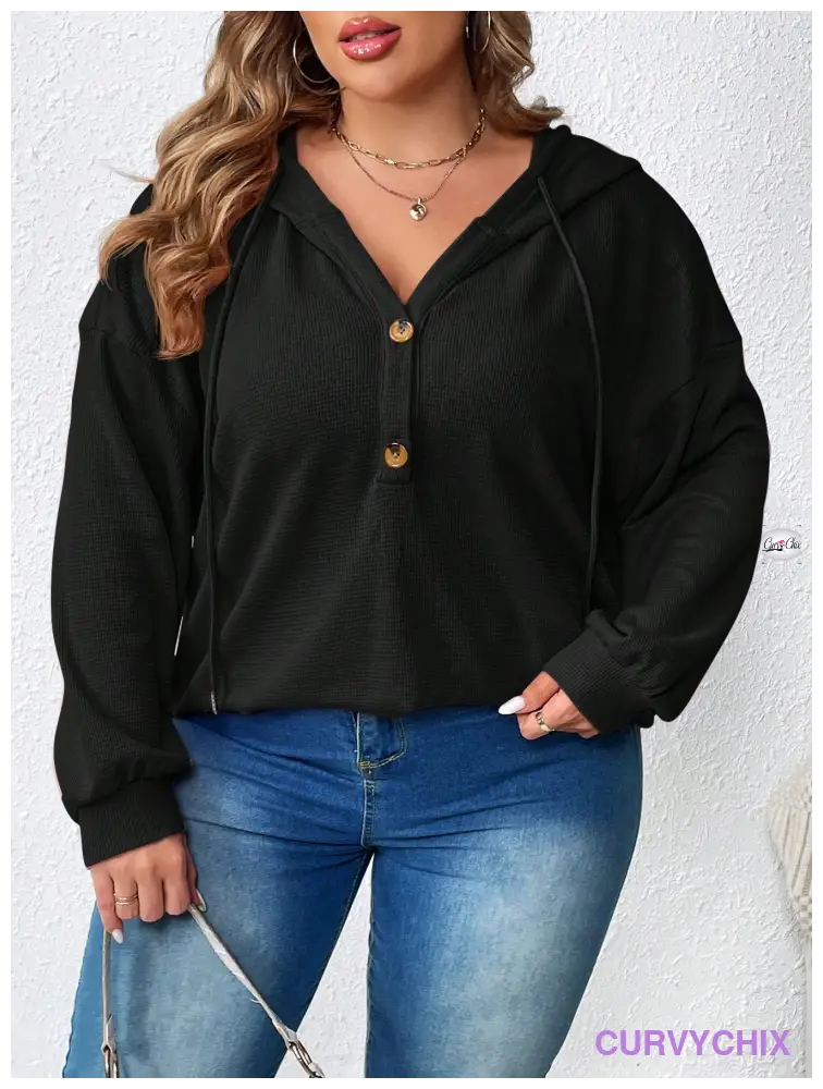 Plus Size Half Button Drop Shoulder Drawstring Hoodie UK