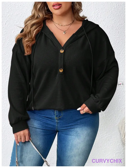 Plus Size Half Button Drop Shoulder Drawstring Hoodie UK