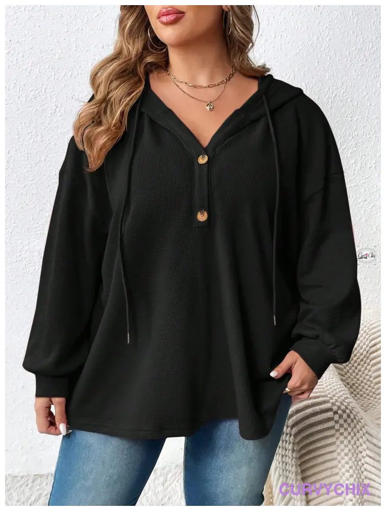 Plus Size Half Button Drop Shoulder Drawstring Hoodie UK