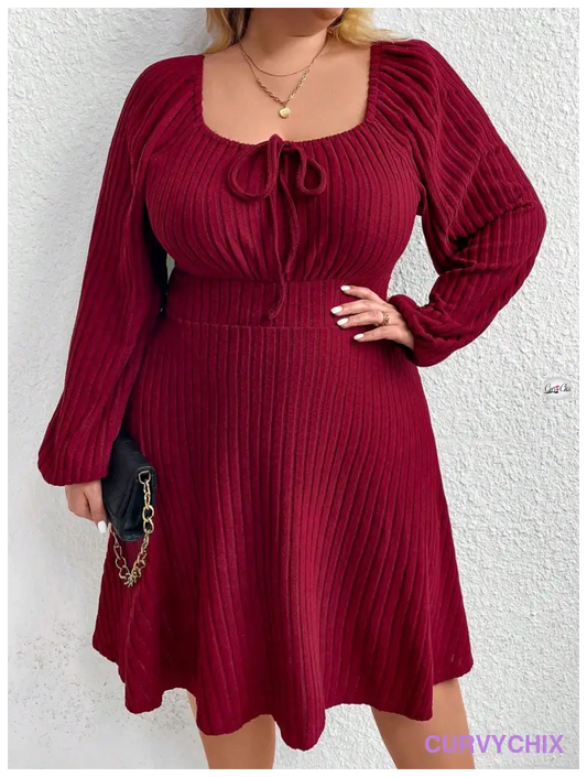 Curve Plus Size Front Tie Lantern Sleeve Dress Burgundy Color Women Outfit Dresses