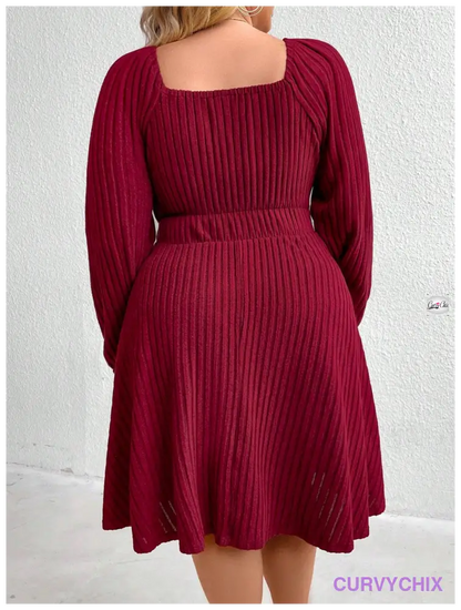 Curve Plus Size Front Tie Lantern Sleeve Dress Burgundy Color Women Outfit Dresses