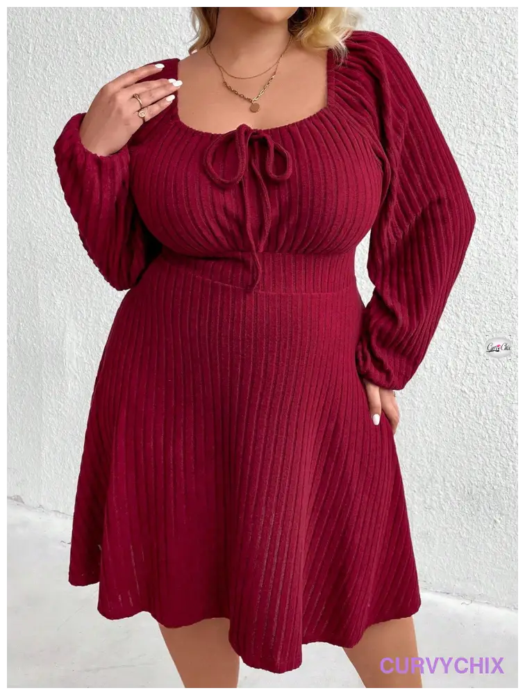 Curve Plus Size Front Tie Lantern Sleeve Dress Burgundy Color Women Outfit Dresses