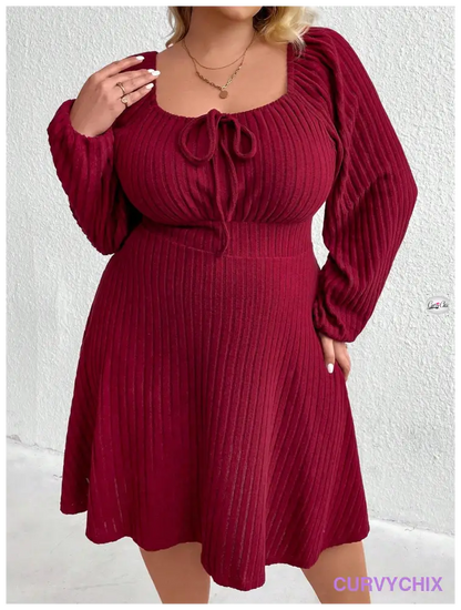 Curve Plus Size Front Tie Lantern Sleeve Dress Burgundy Color Women Outfit Dresses