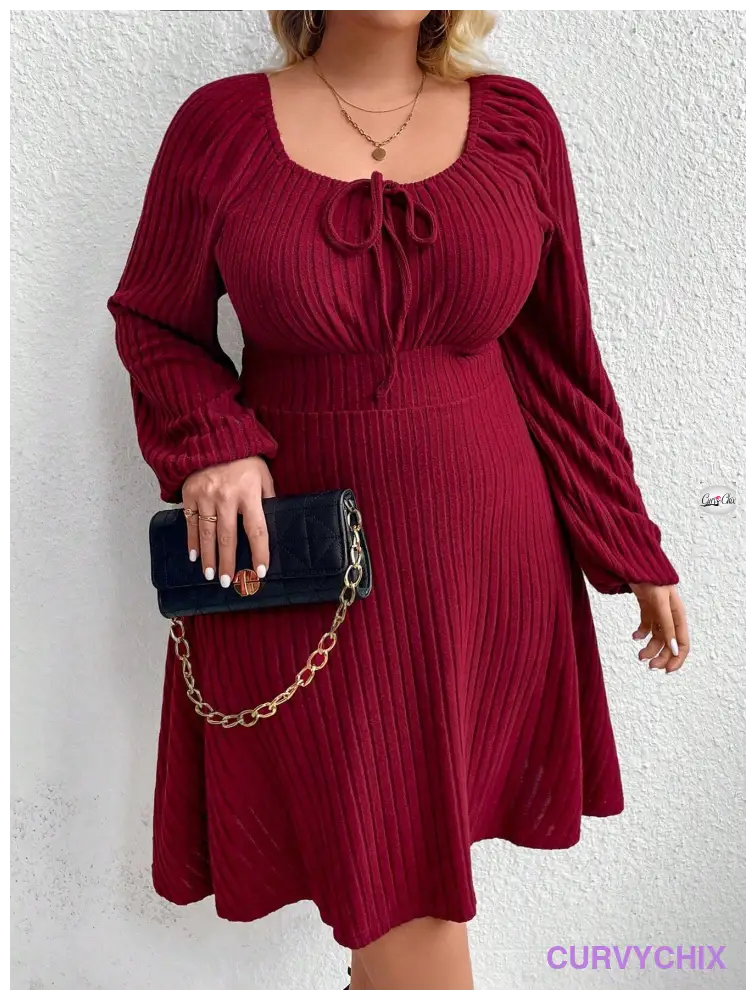 Curve Plus Size Front Tie Lantern Sleeve Dress Burgundy Color Women Outfit Dresses