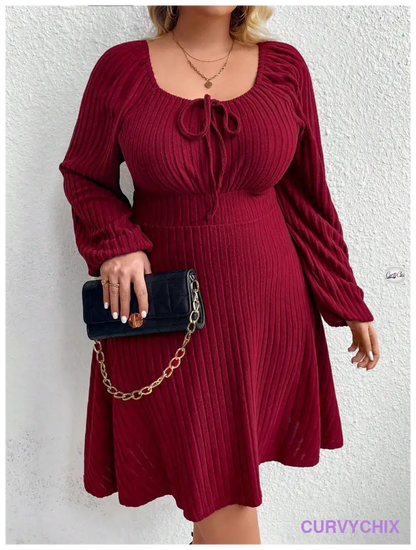 Curve Plus Size Front Tie Lantern Sleeve Dress Burgundy Color Women Outfit Dresses