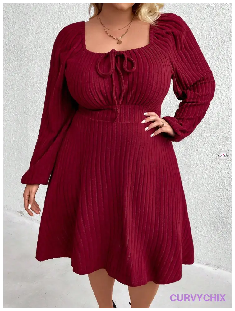 Curve Plus Size Front Tie Lantern Sleeve Dress Burgundy Color Women Outfit Dresses