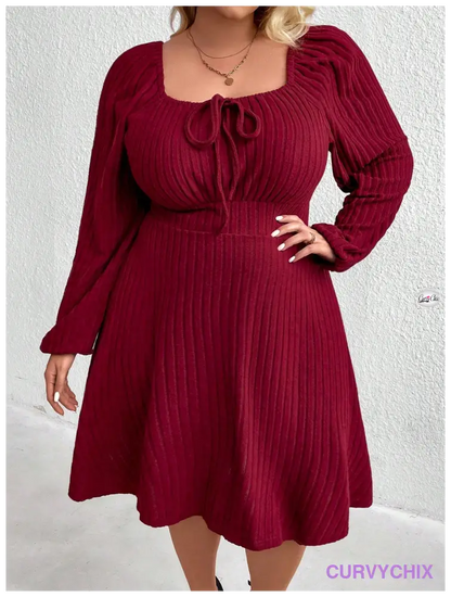 Curve Plus Size Front Tie Lantern Sleeve Dress Burgundy Color Women Outfit Dresses