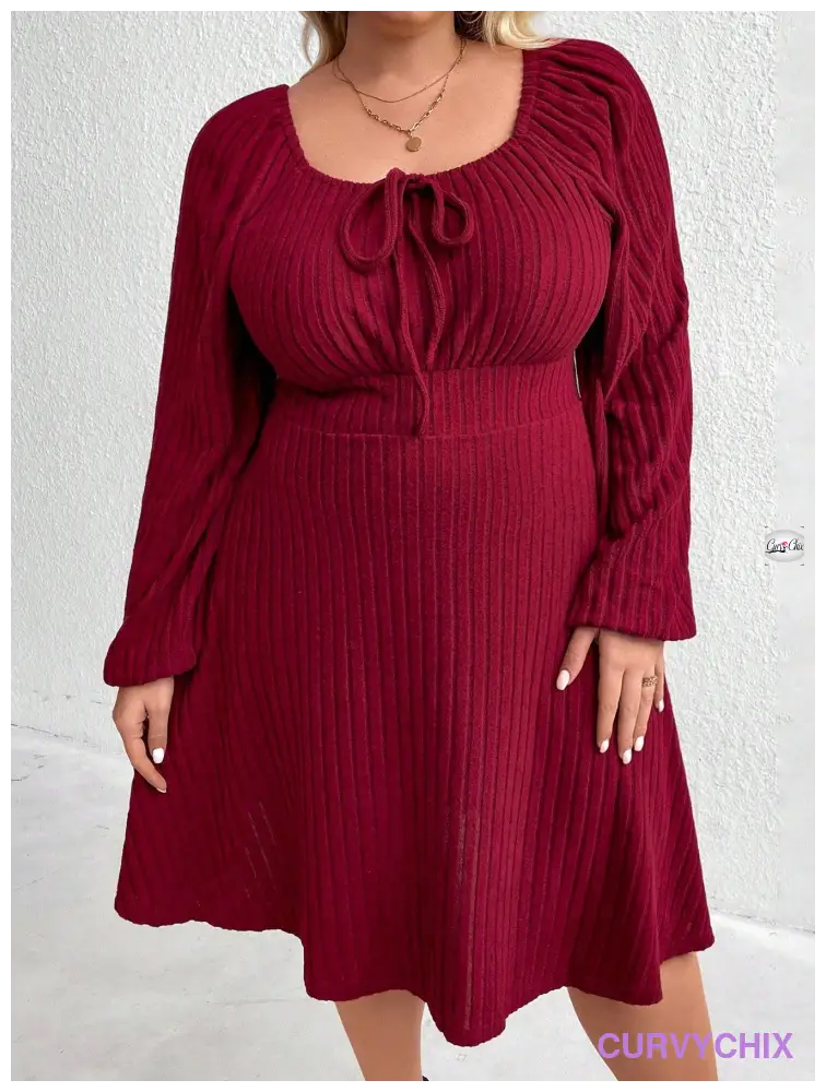 Curve Plus Size Front Tie Lantern Sleeve Dress Burgundy Color Women Outfit Dresses