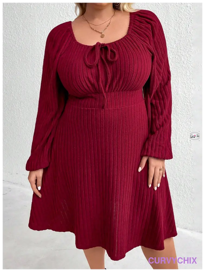 Curve Plus Size Front Tie Lantern Sleeve Dress Burgundy Color Women Outfit Dresses