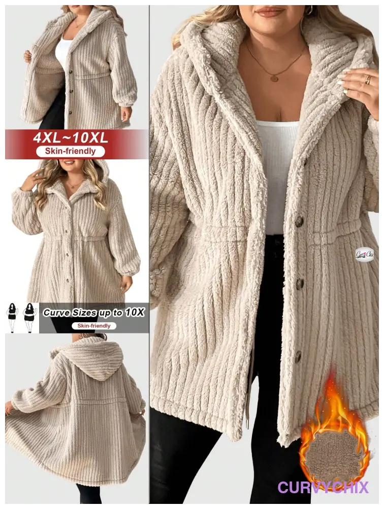 Plus Size Front-Button Hooded Teddy Bear Jacket UK SIZES