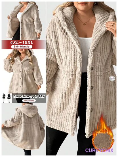 Plus Size Front-Button Hooded Teddy Bear Jacket UK SIZES